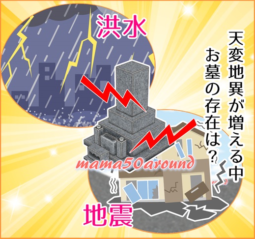 地震と大雨とお墓のイラスト