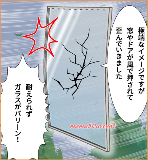 台風21号の強風でガラスが割れているイラスト